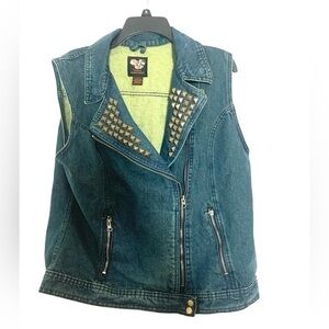 Vintage Bikerwear Denim Jean Studded Vest Biker Rock Blue Bronze Extra Large